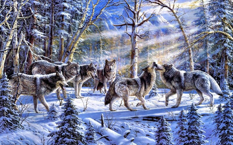 Wolf Pack in Snow — White, Serene, Winter, Painting