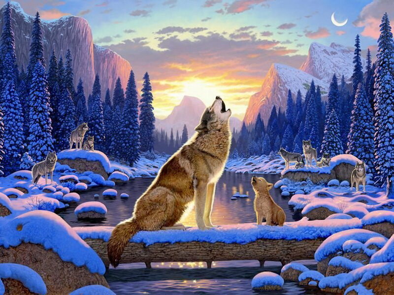 Wolf Pack in Winter — Blue, Serene, Digital Art