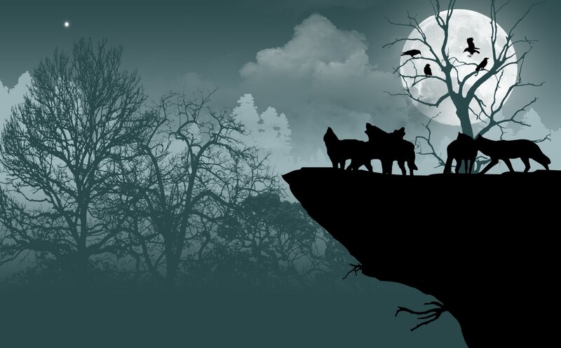 Wolf Pack on Cliff — Black