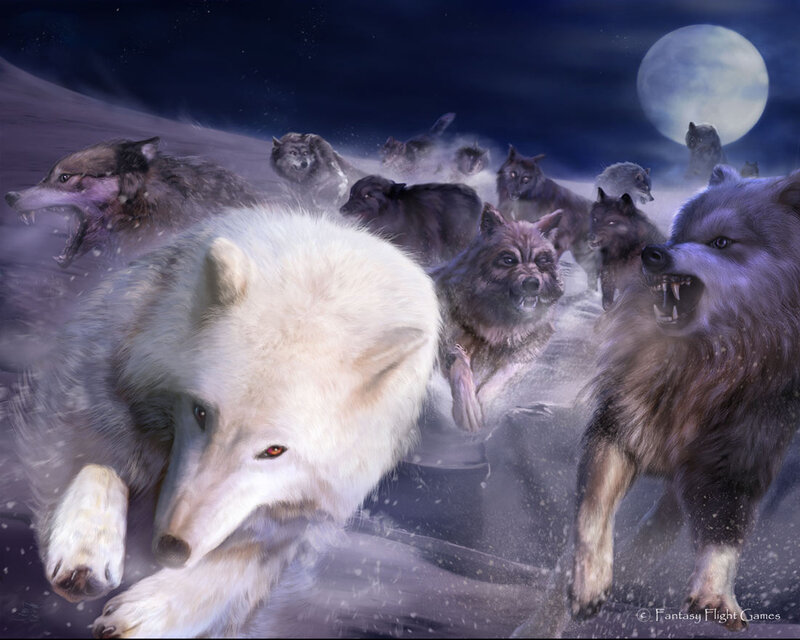 wolf pack running under moon