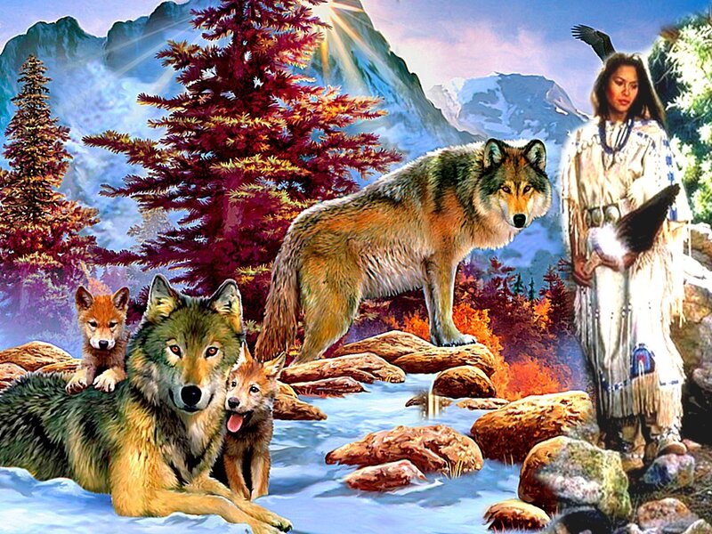 Wolf Pack with Native Woman