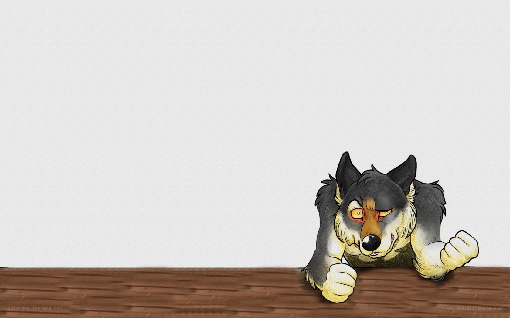 wolf peeking over wooden surface