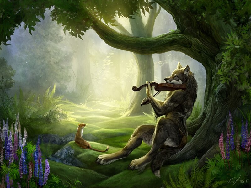 wolf playing violin in forest