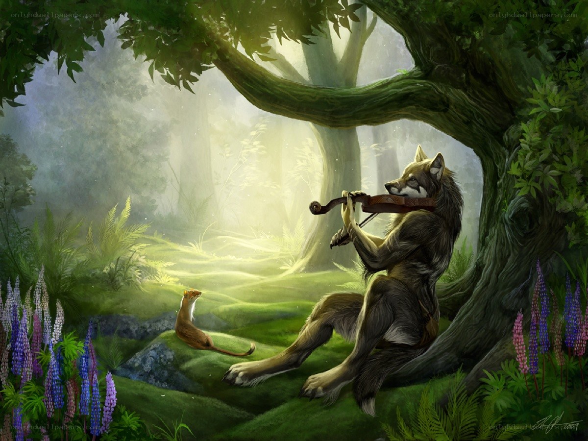 wolf playing violin in forest