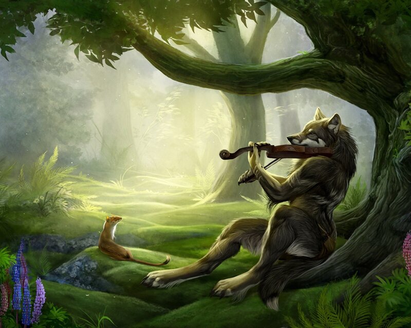 Wolf playing violin in forest