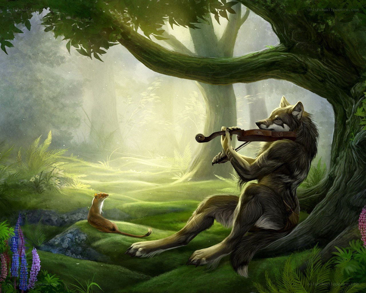 Wolf playing violin in forest
