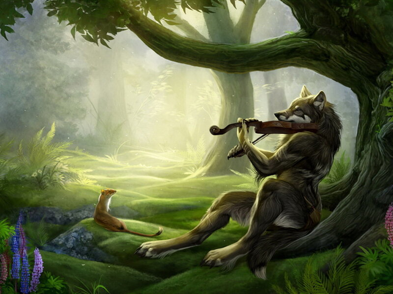 wolf playing violin in forest