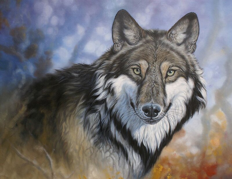 Wolf Portrait — Gray, Serious, Painting