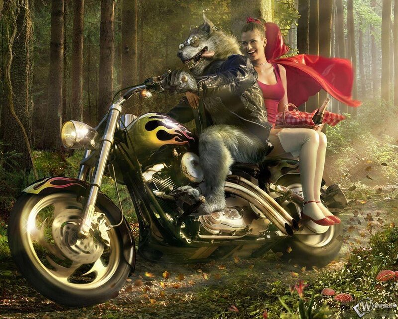 Wolf Riding Motorcycle — Green
