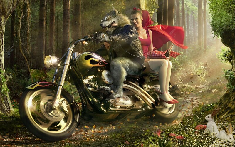 Wolf Riding Motorcycle — Green, Whimsical, Afternoon, Digital Art, Red Riding Hood, Forest