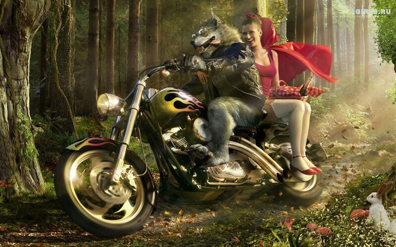 Wolf Riding Motorcycle — Green, Whimsical, Afternoon, Digital Art, Red Riding Hood