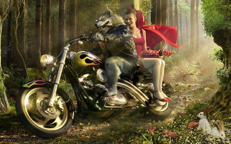 Wolf Riding Motorcycle — Green, Whimsical, Afternoon