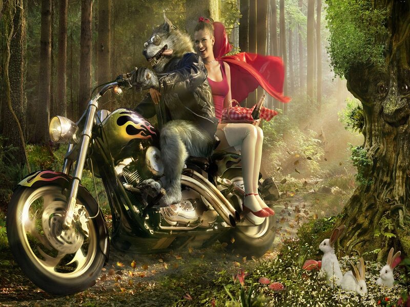Wolf Riding Motorcycle — Green, Whimsical