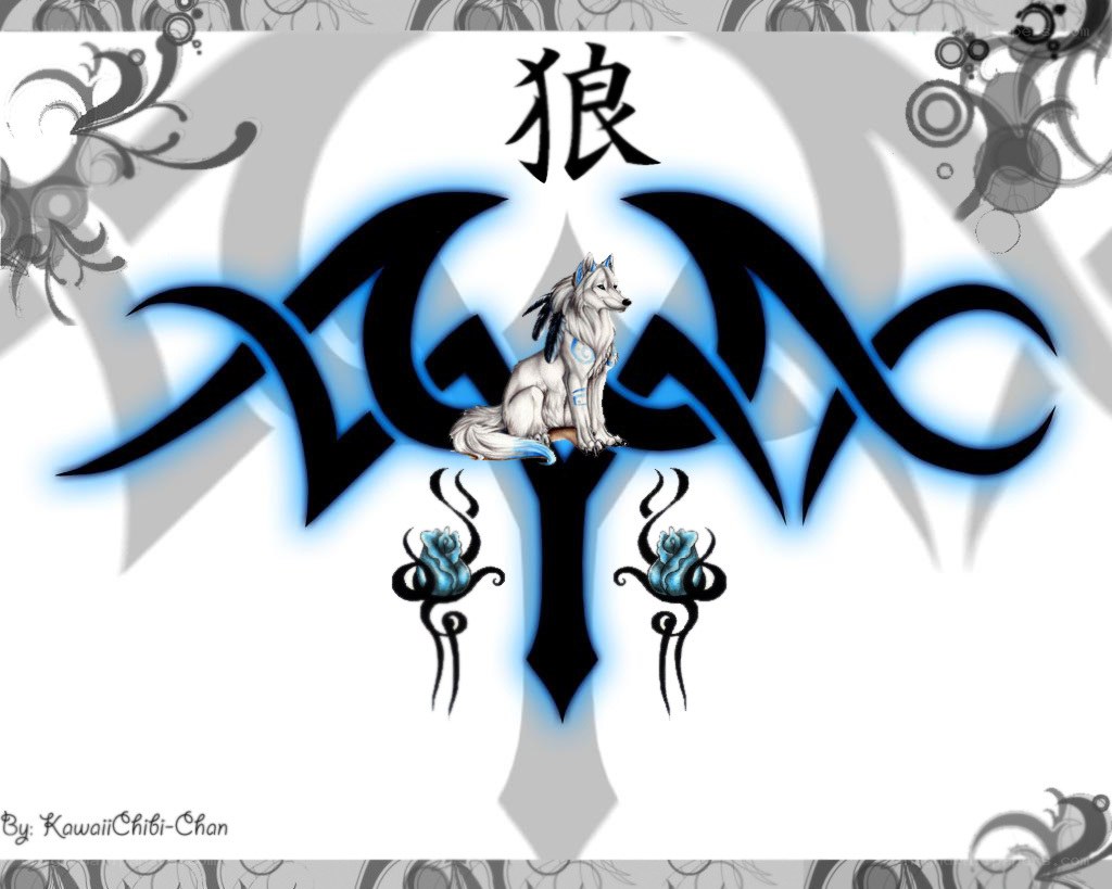 wolf tribal art with kanji