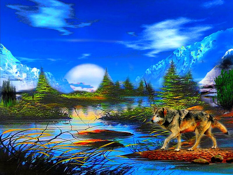 Wolf Walking in River