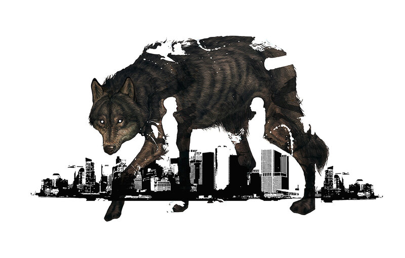 Wolf Walking over City