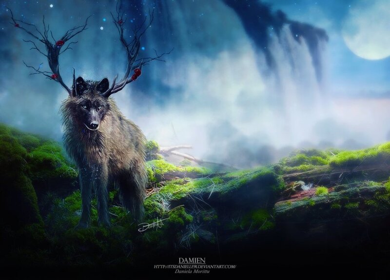 Wolf with Antlers — Green