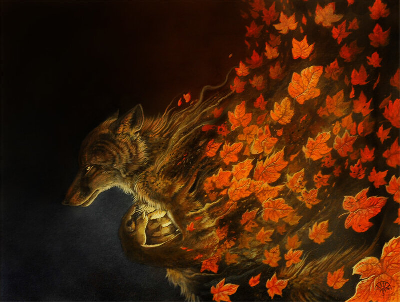 Wolf with Autumn Leaves
