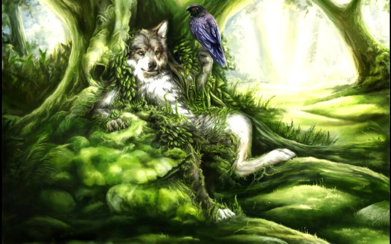 Wolf with Crow — Green