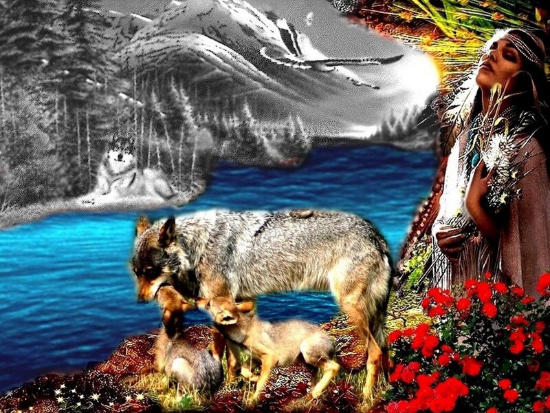 Wolf with Cubs — Blue