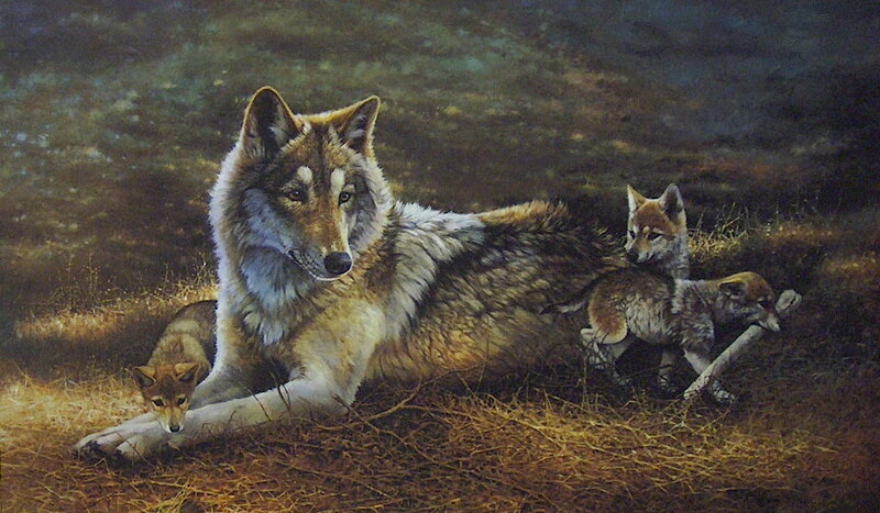 Wolf with Cubs — Brown