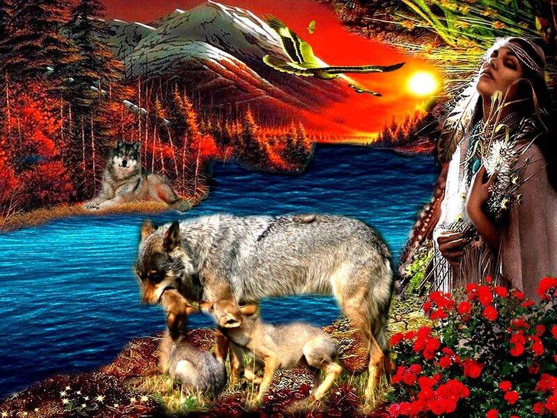 Wolf with Cubs — Red