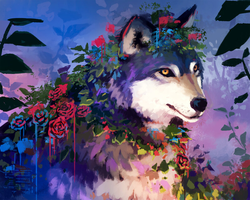 Wolf with Flowers — Purple