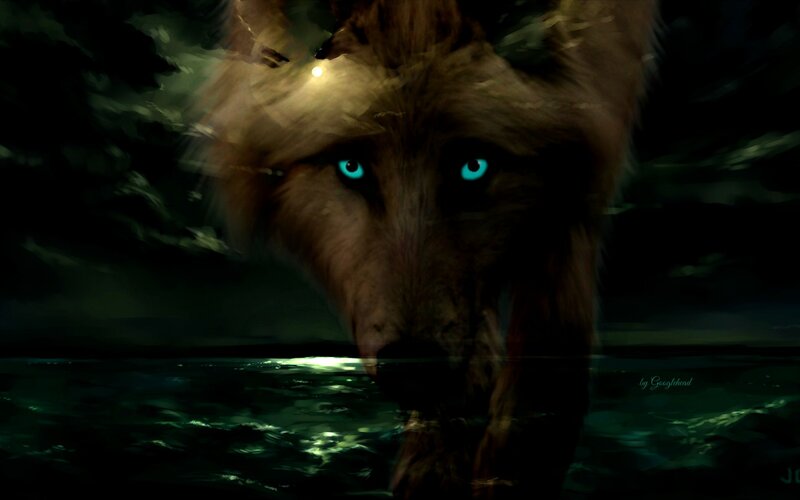 Wolf with Glowing Eyes — Black, Dark