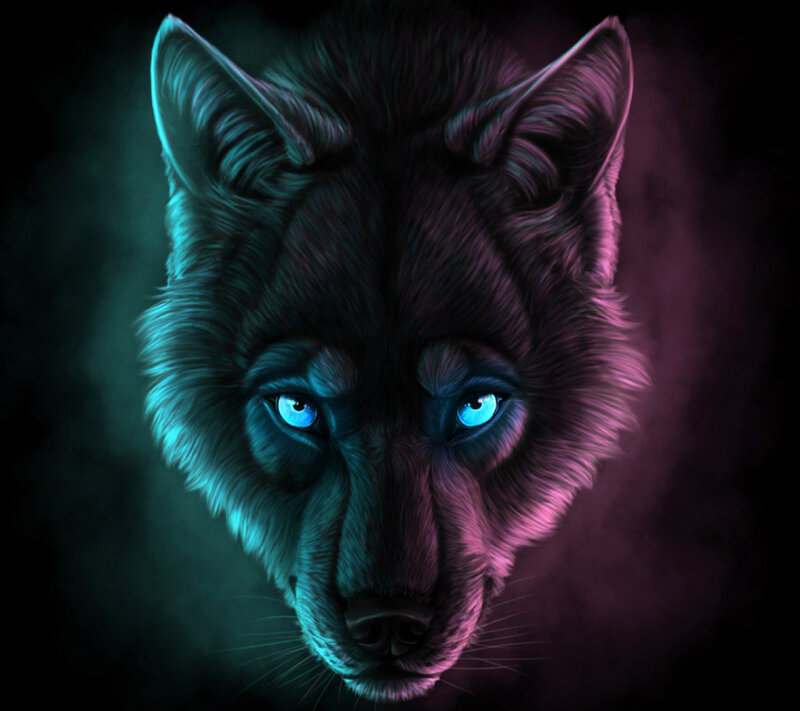 Wolf with Glowing Eyes — Black, Dramatic, Night, Digital Art, Glowing Eyes