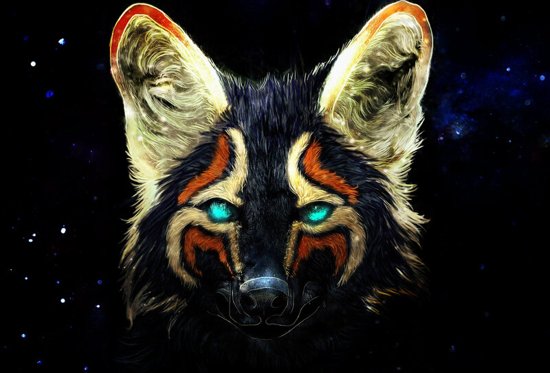 Wolf with Glowing Eyes — Black, Dramatic, Night, Digital Art, Stars