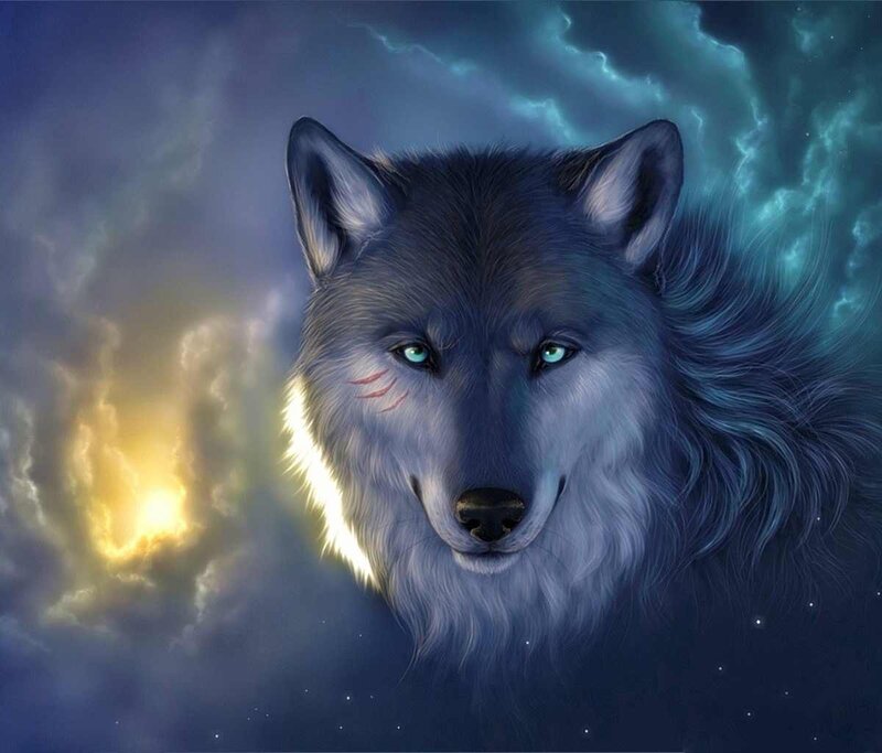 Wolf with Glowing Eyes — Blue, Dramatic, Night, Digital Art, Clouds