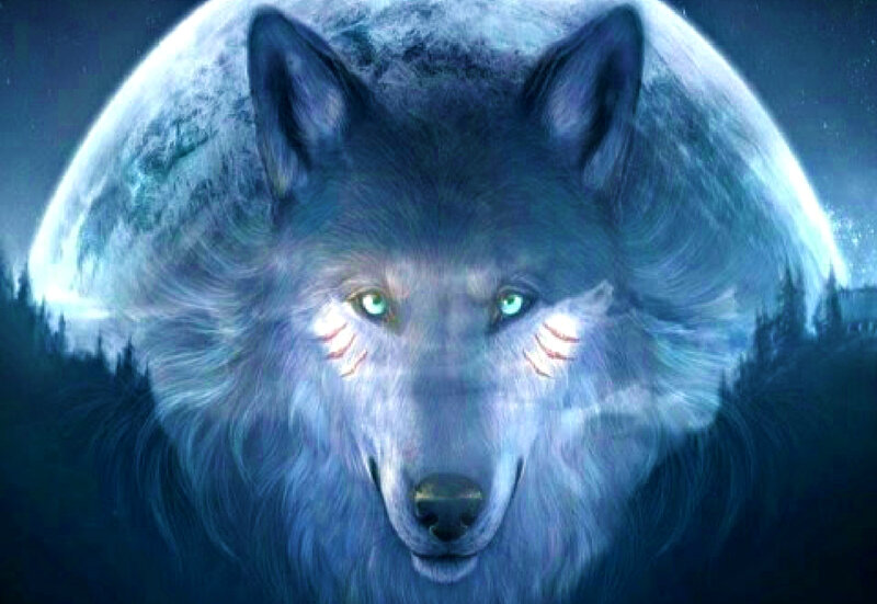 Wolf with Glowing Eyes — Blue, Dramatic, Night, Digital Art, Moon
