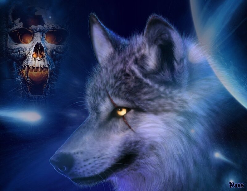 Wolf with Glowing Eyes — Blue, Dramatic, Night, Digital Art, Skull