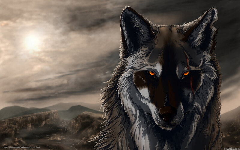 Wolf with Glowing Eyes — Gray, Dramatic, Sunset, Digital Art, Mountains, Sky