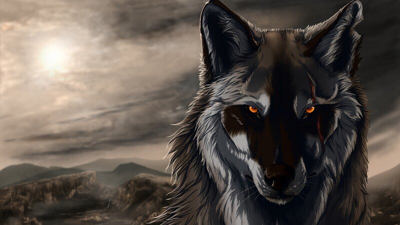 Wolf with Glowing Eyes — Gray, Dramatic, Sunset, Digital Art