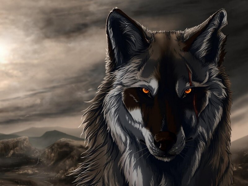 Wolf with Glowing Eyes — Gray, Dramatic, Sunset