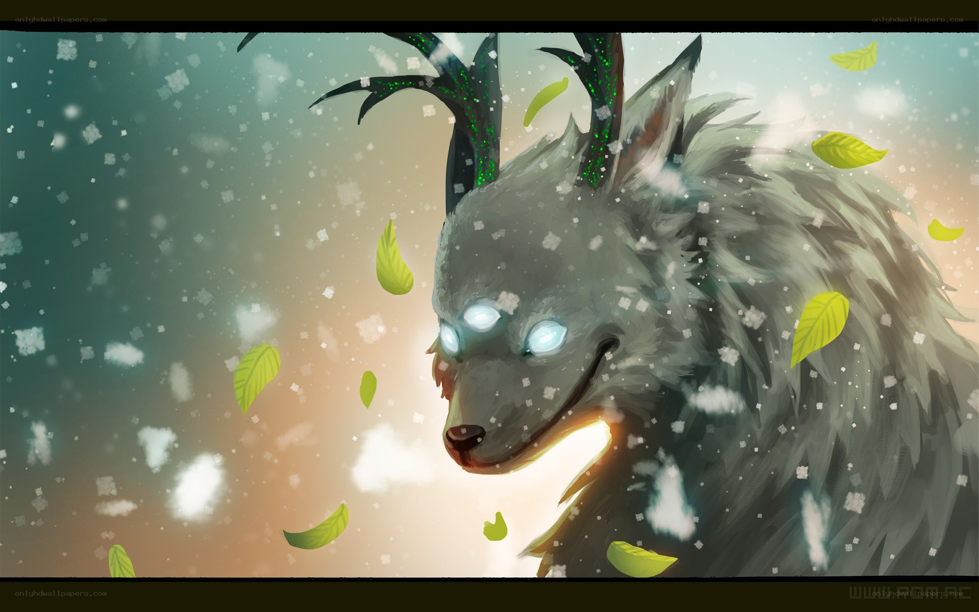 wolf with glowing eyes in snow