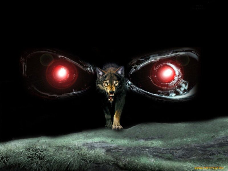 wolf with glowing red eyes