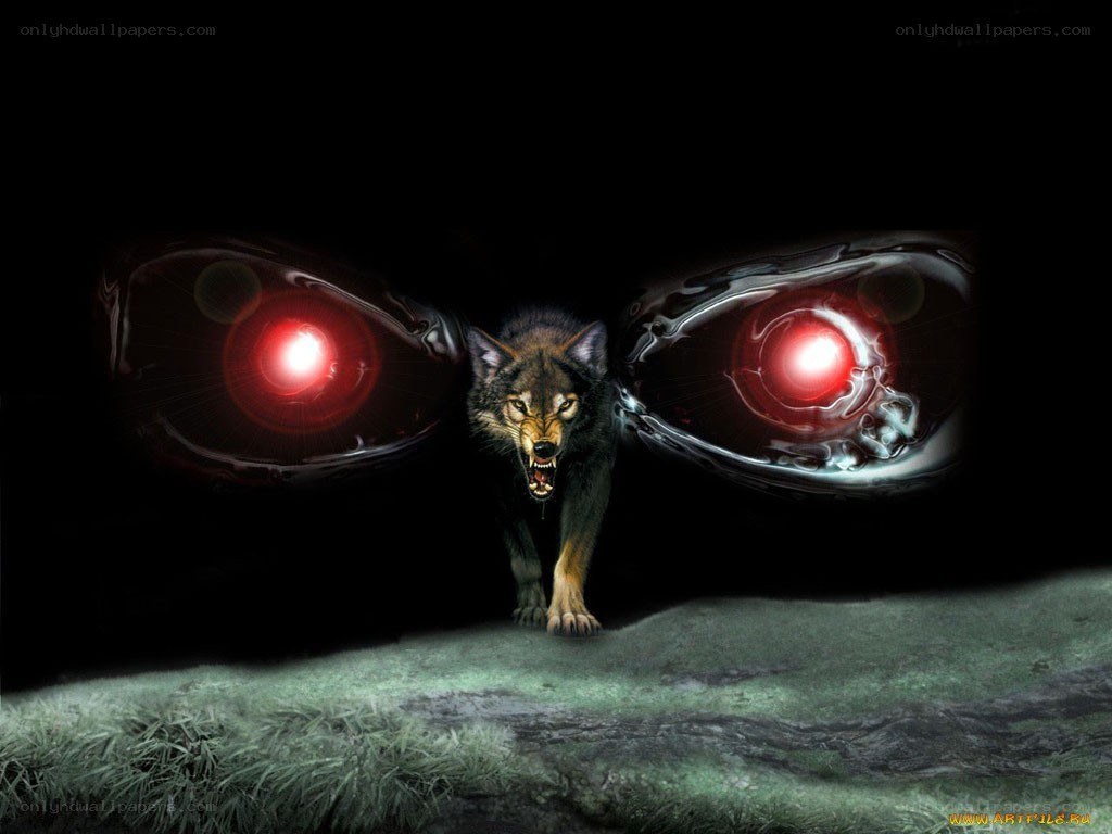 wolf with glowing red eyes