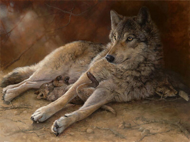 Wolf with Pups — Brown, Calm, Painting