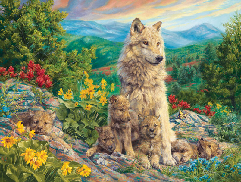 Wolf with Pups — Green, Serene