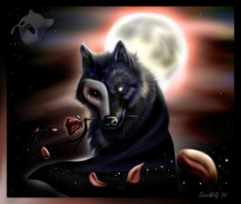 wolf with rose under moon