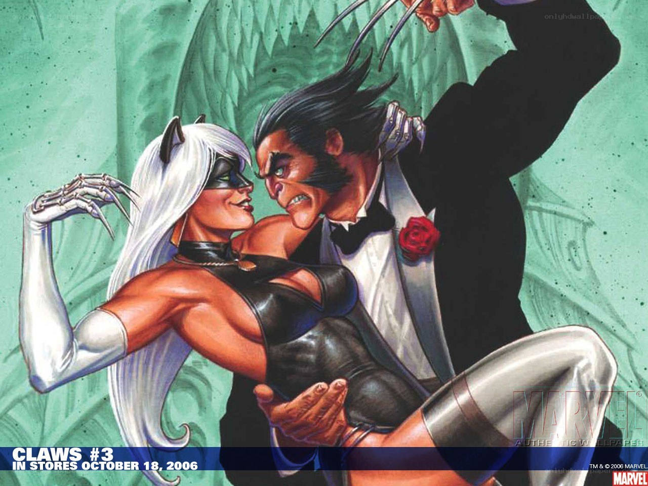 Wolverine and Black Cat in a tuxedo