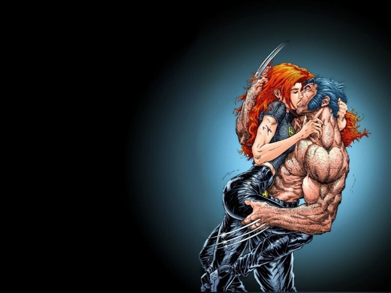 Wolverine and Jean Grey kiss
