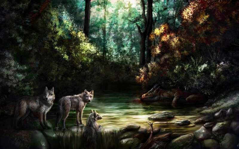 Wolves and a dragon in the forest