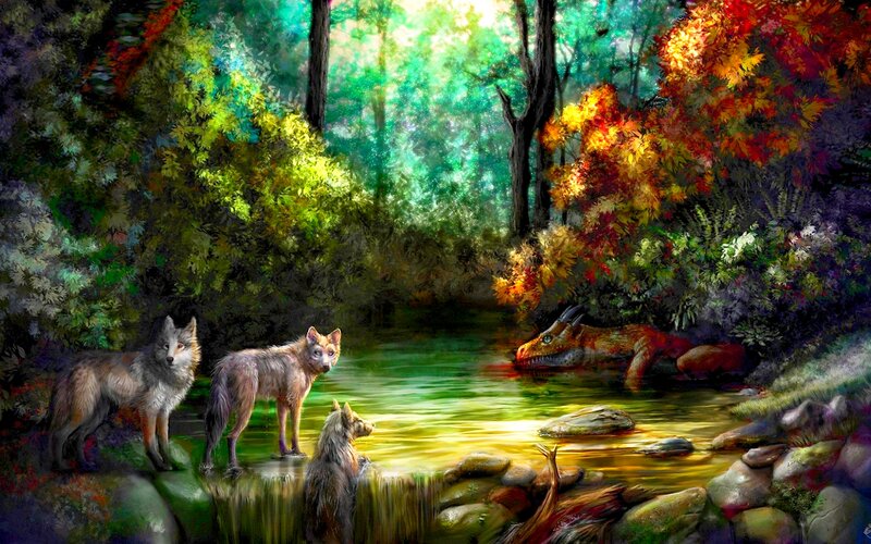 Wolves and Dragon in Forest — Green