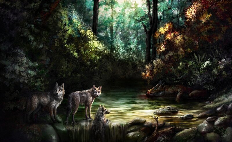 Wolves and Dragon in Forest
