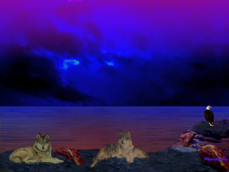 Wolves and Eagle on Shore