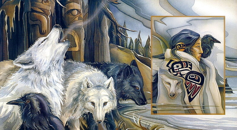 Wolves and Raven in Forest