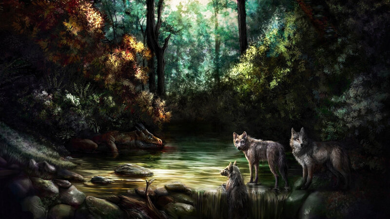 Wolves at a Forest Stream